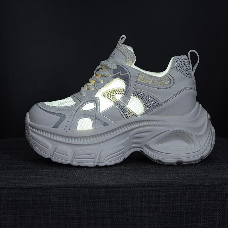 Thick-soled dad shoes women's transparent mesh thick-soled inner height increase plus rhinestones casual fashion versatile women's shoes