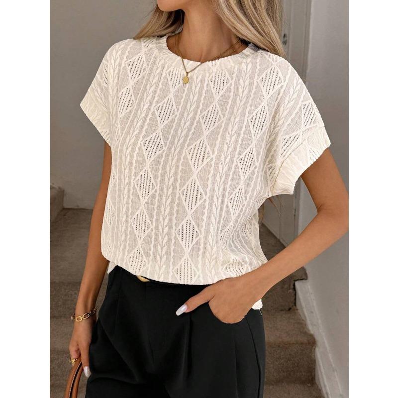 VEZFAA Women's Fashion Casual Summer Spring Solid Color Print Short Sleeve O-Neck Blouses & Shirts