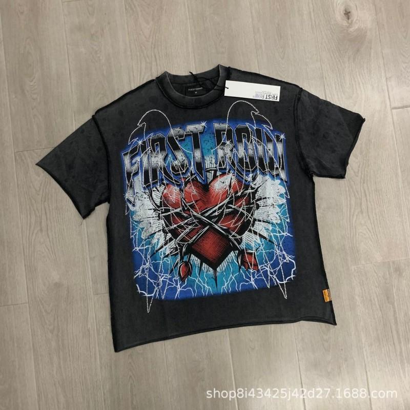 Unisex Oversized Box Fit Cotton Tee With Embroidered Rhinestone Washed Print Round Neck Short Sleeve Casual Top