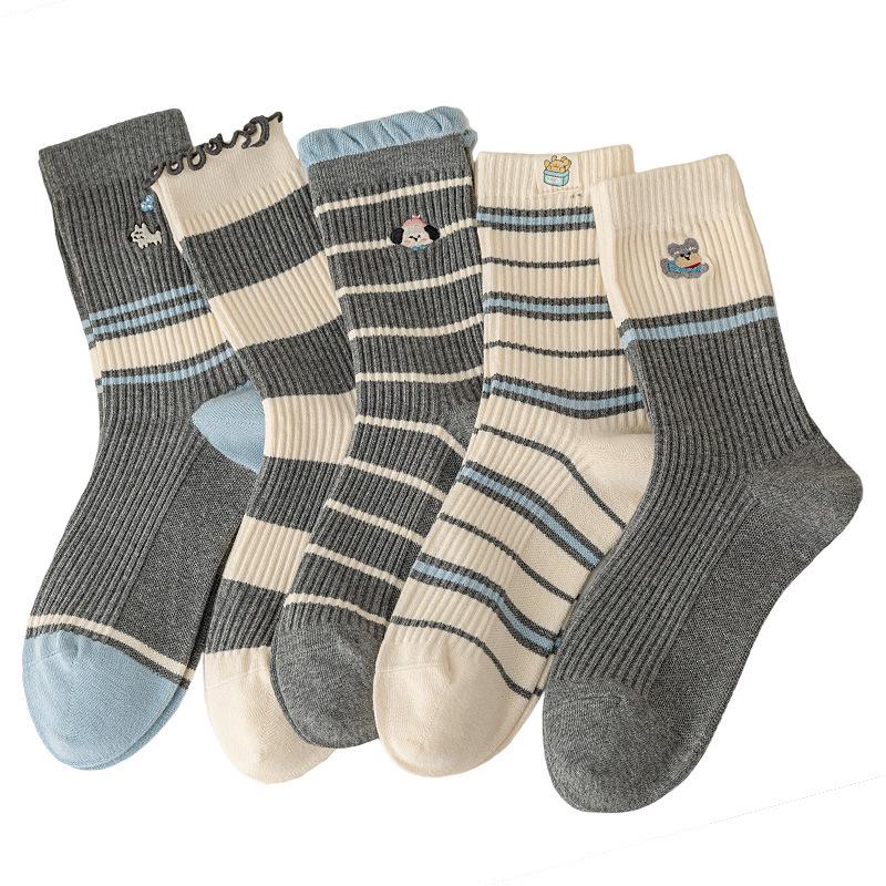 Women's Autumn/Winter Cute Puppy Mid-Calf Socks, Korean & Japanese Style, Color Block, Striped & Warm