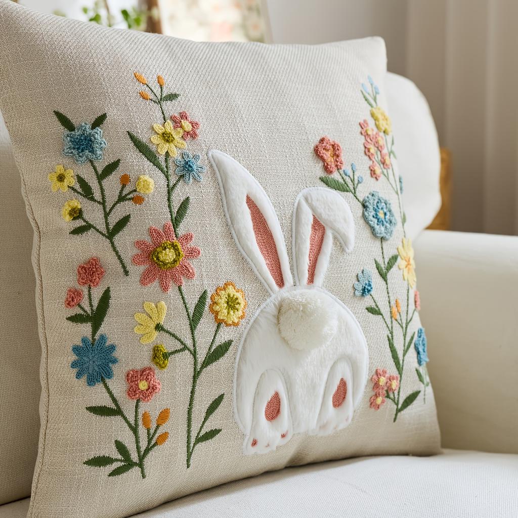 Cute Bunny Floral Pillow Cover 2D Faux Embroidery Print Easter Rabbit Wildflower Cushion Case For Sofa Bed Couch Cozy Home