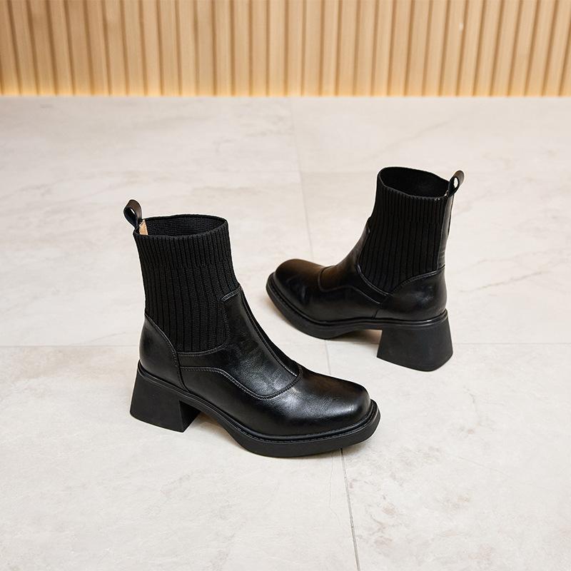 Women's Boots 2026 Spring and Autumn New Leather Fashion Shoes Short Boots Women's Korean Version Coarse Heel Women