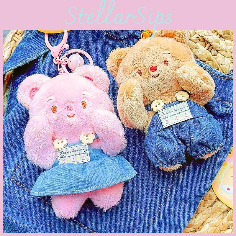 Lovely Jinnew Cream Bear Plush Keychain With Denim Overalls For Gifts Collectible
