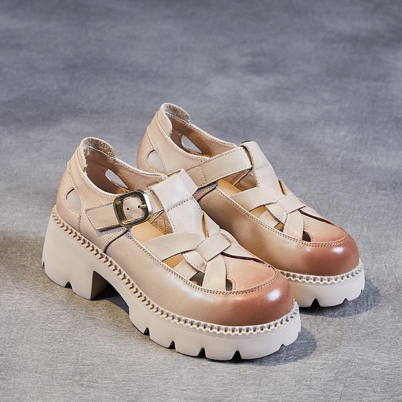 First layer cowhide platform sandals women's summer 2025 new breathable hollow retro muffin Roman loafers women