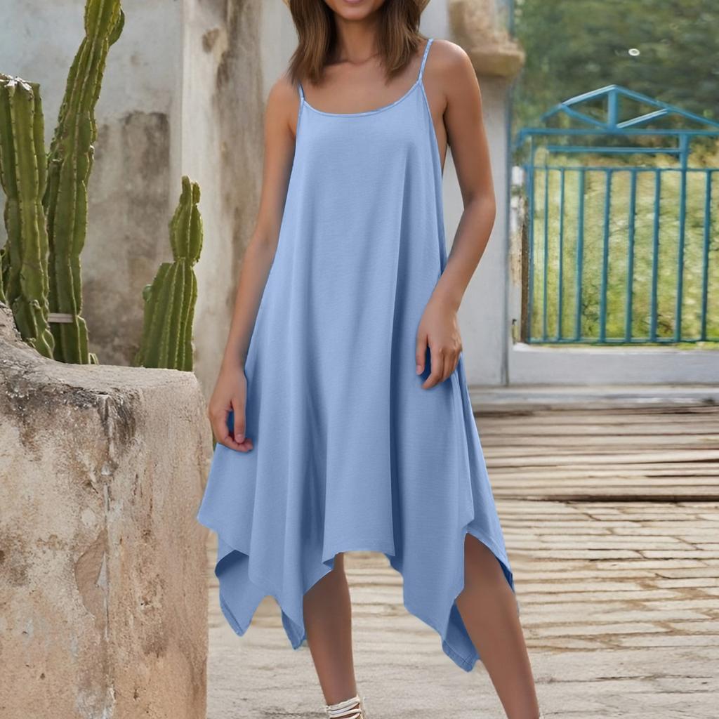 Women's Summer Casual Solid Color Round Neck Adjustable Suspender Dress With Pockets