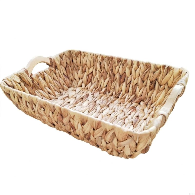 Sturdy Water Hyacinth Woven Basket with Wooden Handle Multipurpose Storage Solution For Toy Books And Blankets B03E
