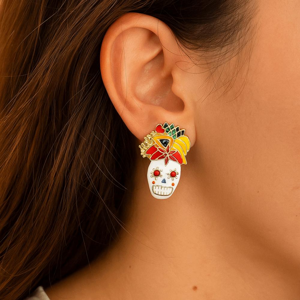 Personality Vintage Earring Rhinestone Enamel Skeleton Stud Earrings  Women