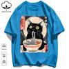 Cat Likes To Eat Noodles And Daydream Design Unisex Retro T-Shirt Casual Cotton Sportwear Loose Hip Hop Clothing Unisex O-Neck Tee