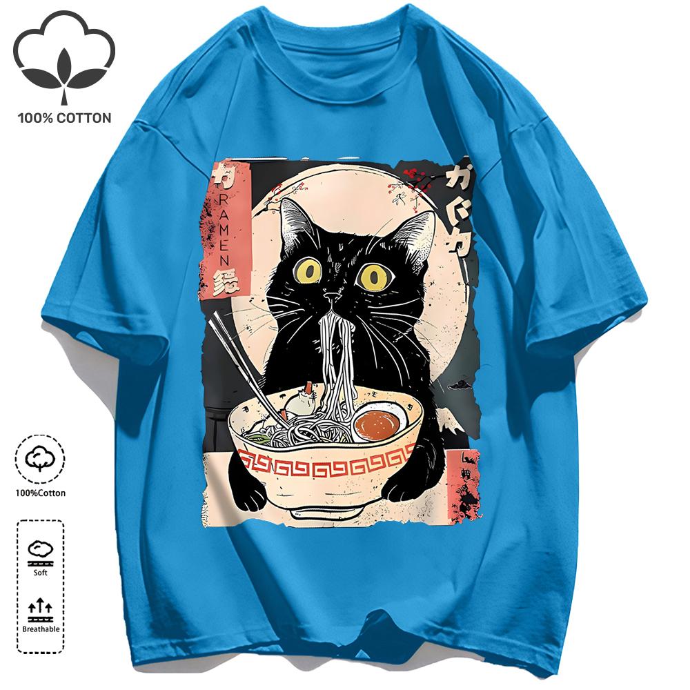 Cat Likes To Eat Noodles And Daydream Design Unisex Retro T-Shirt Casual Cotton Sportwear Loose Hip Hop Clothing Unisex O-Neck Tee