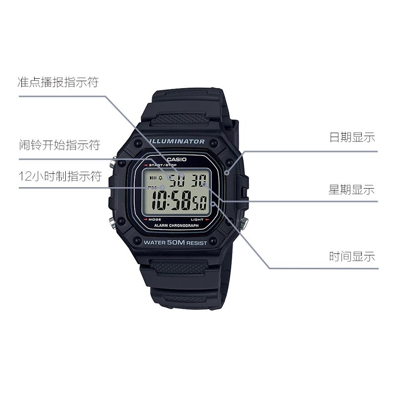 Casio Seria YOUTH - pătrat mic din silicon, pătrat mic retro, războinic negru, afișaj digital, mecanism cu quartz, curea din rășină, japonez și W-218H-1A