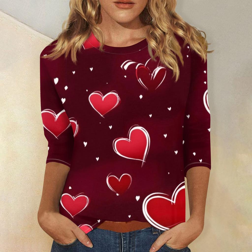 Women's Fashion Casual Round Neck Valentine's Day Love Heart Printed Three-quarter Sleeve T-shirt Top