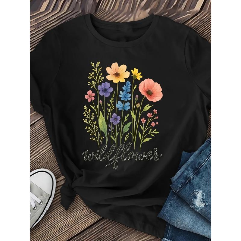 

Women S Wildflower Print T-Shirt | Vibrant Multicolor, Short Sleeve, Round Neck with Cursive Lettering & Wildflower Design | All-Season, S чёрный