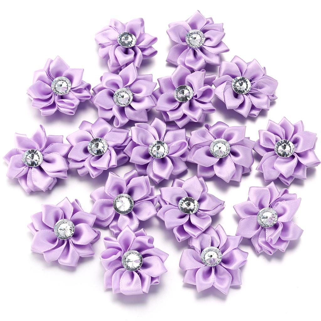 20pcs 4cm Mini Satin Ribbon Flowers Colorful Rhinestone Handmade Flowers For DIY Clothing Sewing Headwear Decoration Accessories