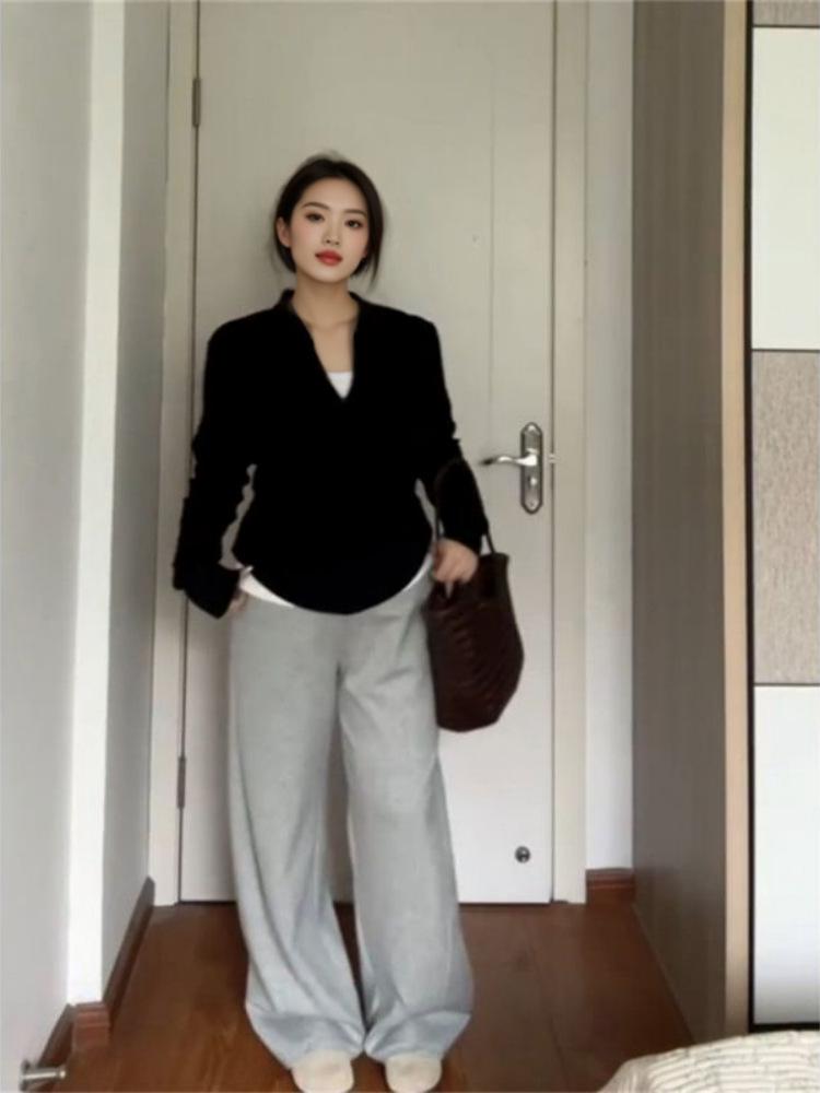 Korean Plus Size Zipper Cardigan with Half-High Collar for Women - Autumn/Winter Slimming Elastic Long Sleeve Top
