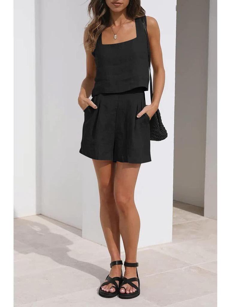 European and American Women's 2-Piece Linen Casual Set: Sleeveless Top and Shorts.