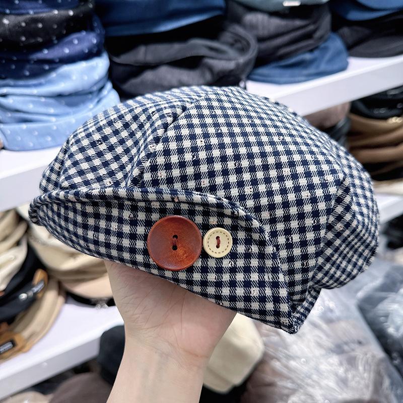 Autumn new niche button plaid beret female face small cloud painter hat trendy high sense