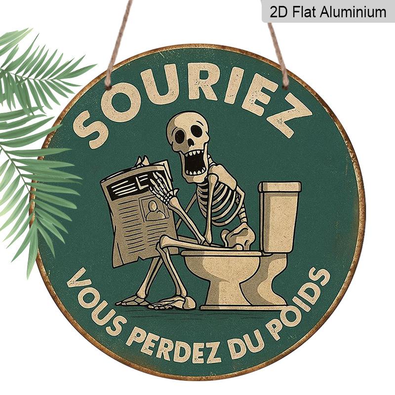 

2D Flat, 1pc Round Aluminum Hanging Sign, French Souriez Vous Perdez Du Poids Skeleton Toilet Design, Retro Funny Halloween Metal Door Hanger 7.87x7.87in