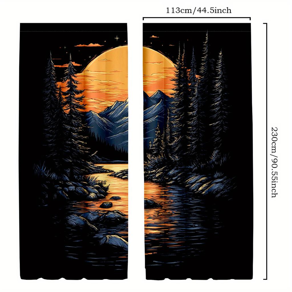 2pcs Vintage Mountain Sunset Curtains   Nature Theme Oil Painting Window Drapes for Room Decor
