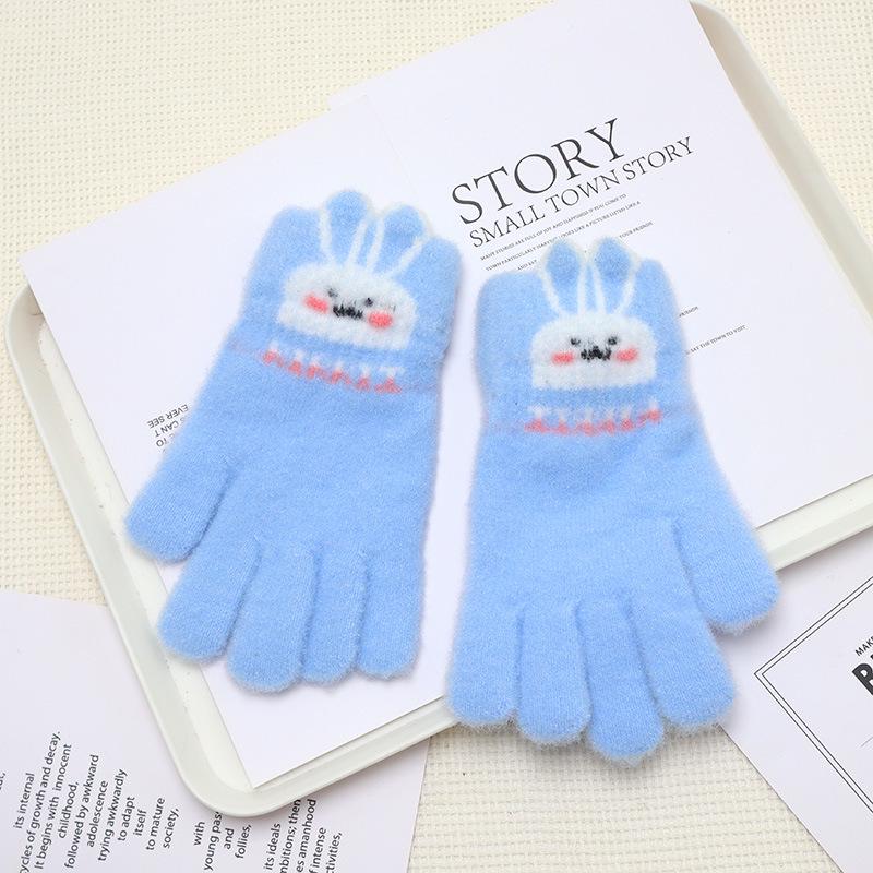 Children's Winter Warm Cartoon Gloves - Thickened, Five-Finger, Cute Rabbit & Little Bear Design, Cold-Proof for Boys & Girls