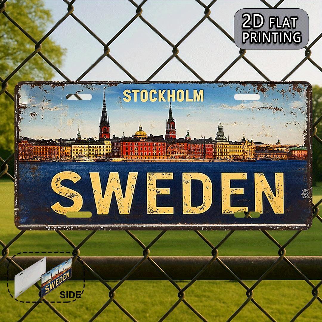D Flat pc Stockholm Sweden Vintage Metal Aluminum License Plate Decorative Sign for Decoration Only Travel Souvenir 15x30cm(5.9x7.8inch)