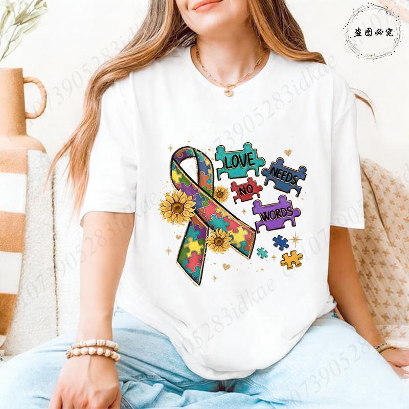 Autism Awareness Women Top Love Needs No Words Puzzle Graphic Tshirts O Neck Short Sleeve Summer Oversized FeUnisex Clothes
