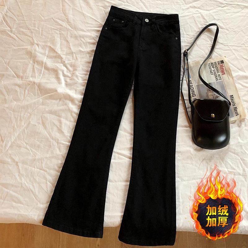 Slightly Pulled Jeans Women's Autumn and Winter Velvet High-waisted Thin Elastic Small Black Pants 89-point Flared Pants