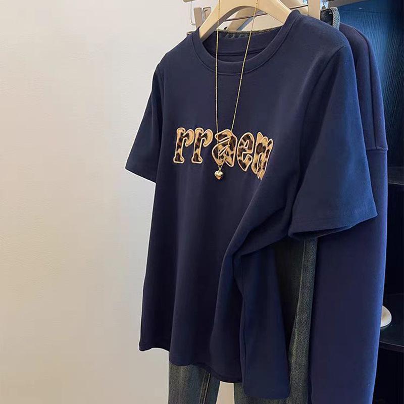 

Women s Plus Size Leopard Print Embroidered T-shirt - 2025 Summer Short Sleeve Loose Top 3XL темно-синього кольору