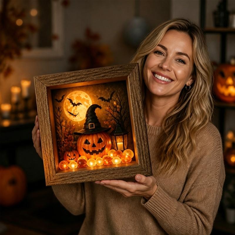 DIY Seasonal Light Box Display, Wood Case Frame Ornament with Soft Lighting for Shelf, Entry Stand, and Fall Party Use