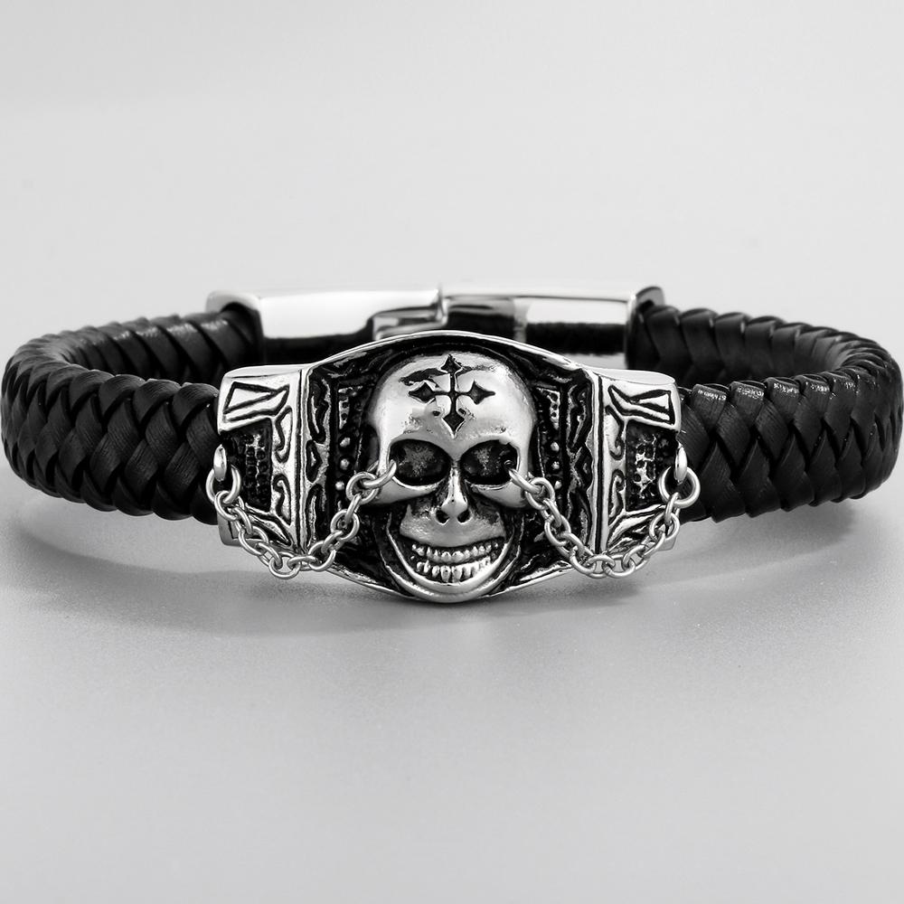 

Мужские браслеты в стиле панк-готика из нержавеющей стали и коровьей кожи с черепом волка и льва для мужчин, на запястье, на руку, в качестве подарка на день рождения 21.5CM
