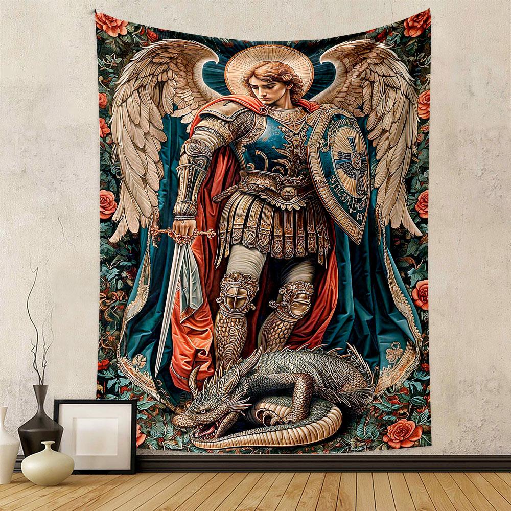 "Archangel with Sword and Dragon Artwork" Patterned tapestry home decor, suitable for bedroom and living room, gift