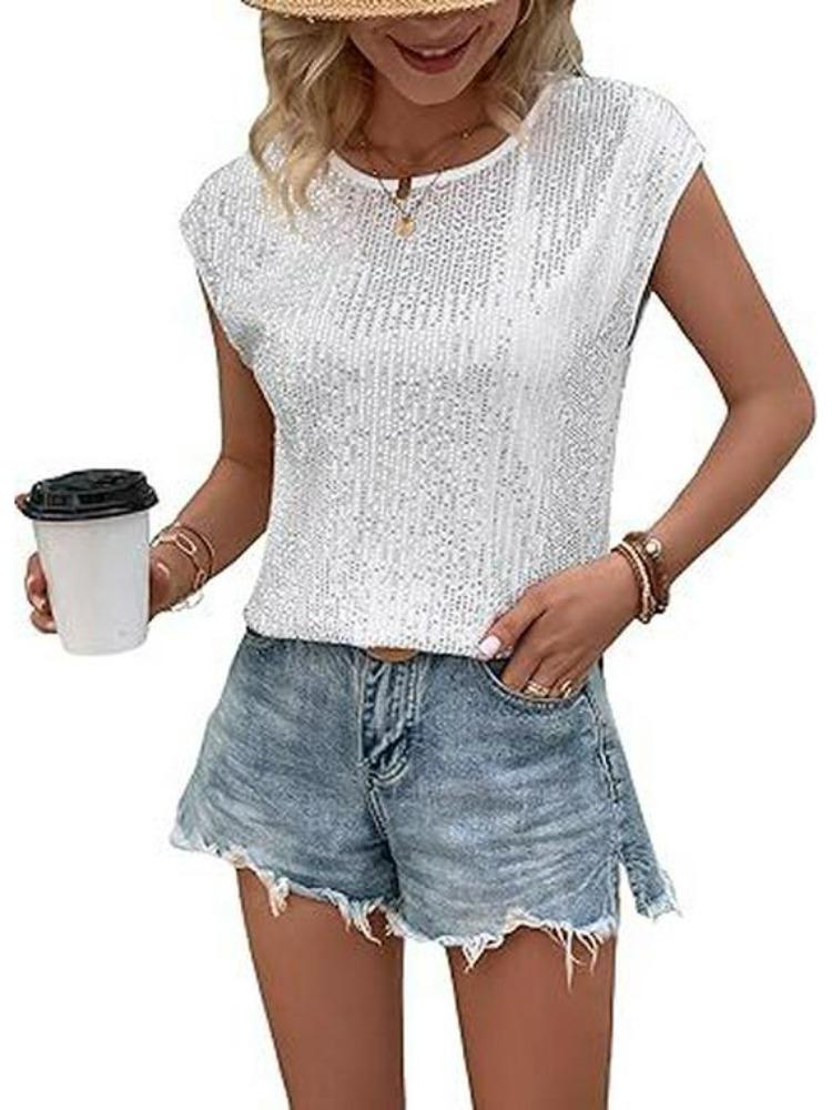 Třpytivé flitrované tričko s krátkým rukávem pro ženy s kulatým výstřihem módní top 2024