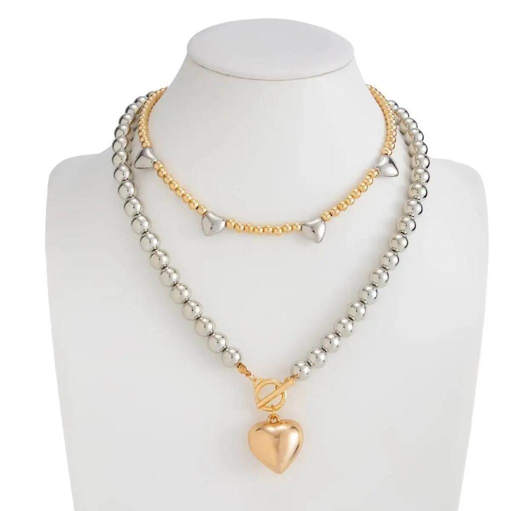 IngeSight.Z 2Pcs/Set Trendy Handmade Beaded Love Heart Pendant Choker Necklace Women Punk Clavicle OT Chain Party Jewelry Gifts