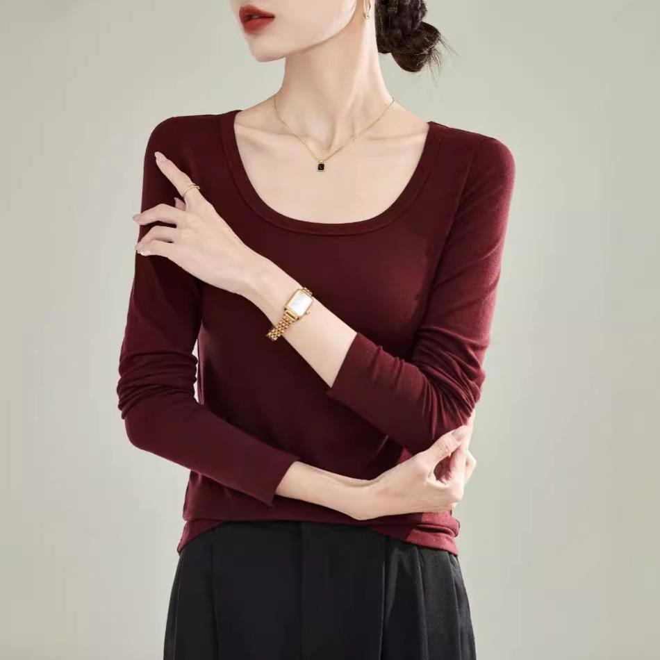 DeRong Spring and Autumn Base Shirt 2026 New Model U-Neck Slim Fit Long Sleeve T-Shirt Commuting Inner Layer Top for Women