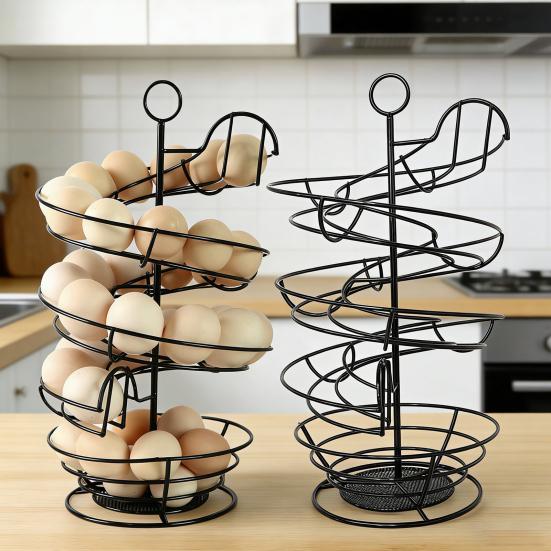 Spiral Egg Holder Kitchen Countertop Fresh Egg Storage Rack Heavy Duty Metal Egg Organizer Skelter Dispenser with Storage Basket