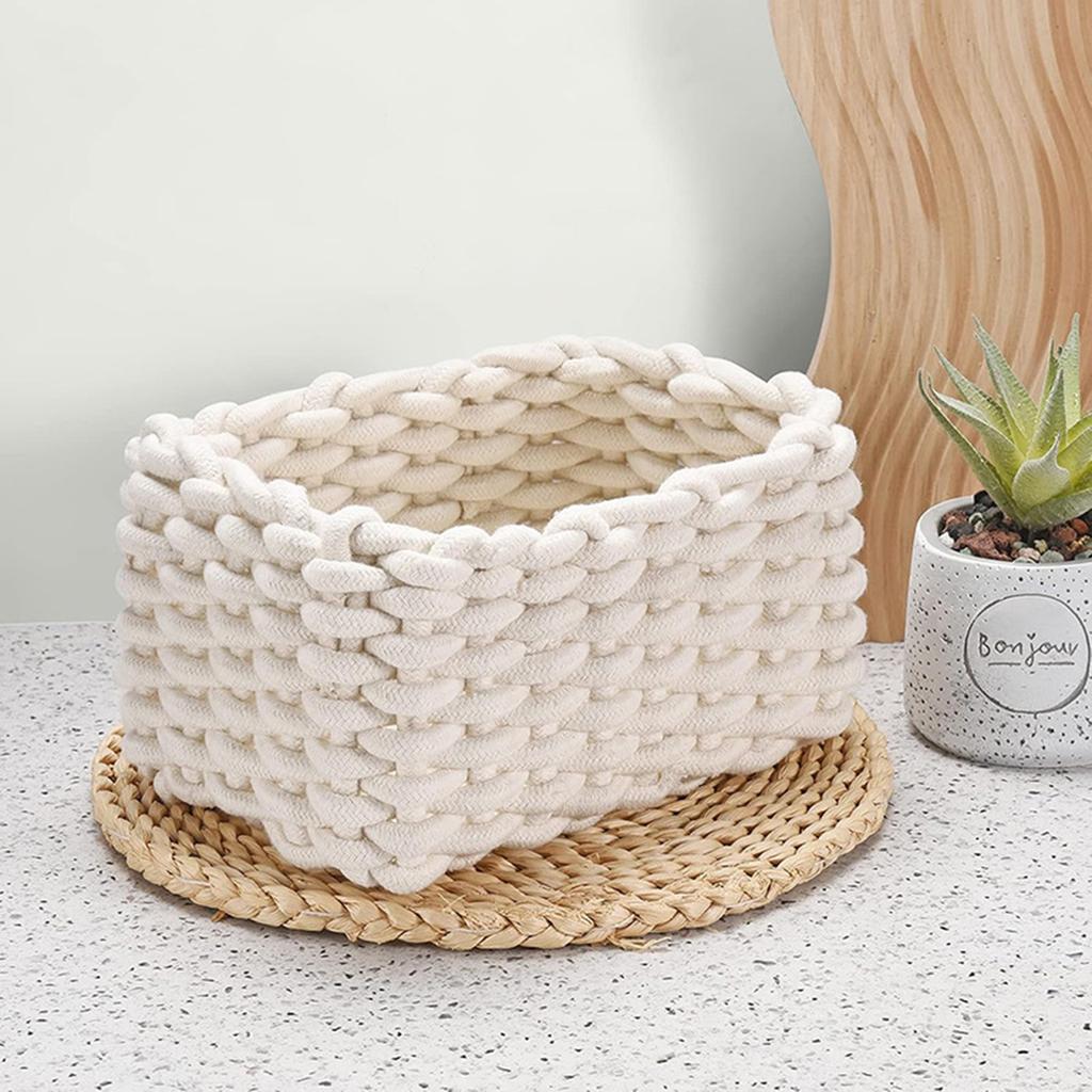 2pcs Woven Cotton Rope Woven Storage Box Basket Desktop Organizer Sundries Toys Comestics Keys Snacks Sundries Organizer