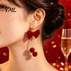 Red Christmas Dangle Earrings 1 Pair Velvet Bow for Women, Bowknot Drop Charming Holiday Party Jewelry with Ball Charm, Gift New Year Xmas Festival