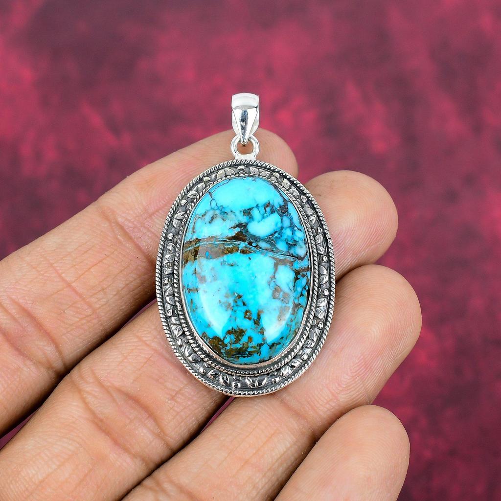 Blue Turquoise Handmade Gemstone Pendant, 925 Solid Sterling Silver Antique Jewelry Pendant, For Engagement Gift