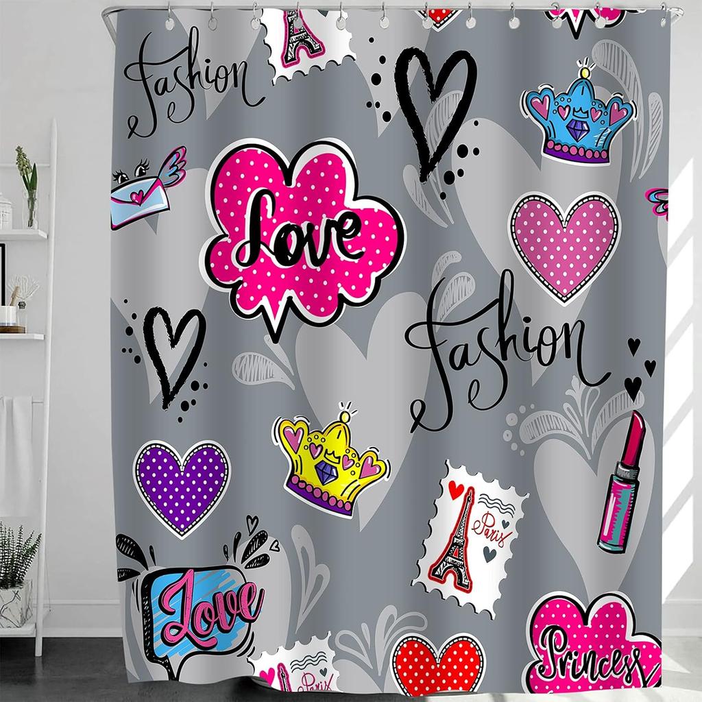 Abstract for Girl Teenagers with Lipstick Patch Badges Paris Eiffel Tower Home Decor Shower Curtain Sets with Hooks Polyester