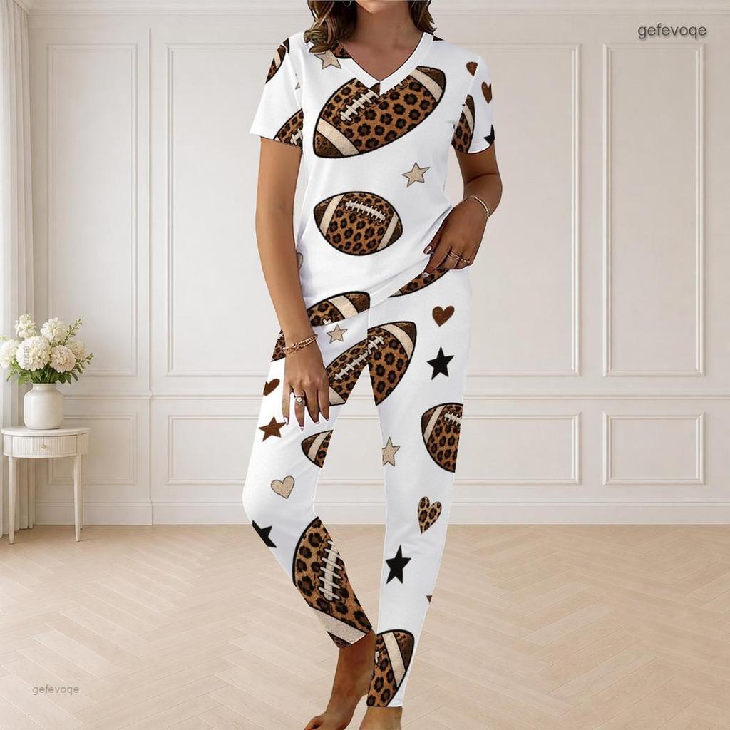 Women Plus Size V Neck Short Sleeve Leopard Christmas Tree Print White Pajama Set