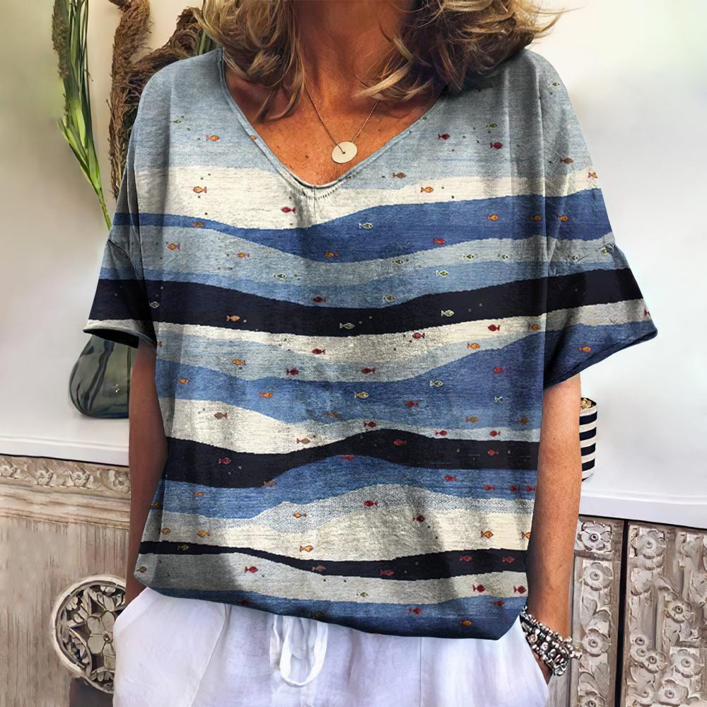 Damen V-Ausschnitt T-Shirt Sommer Casual Mode Kurzarm Neuer Trend Gestreift Harajuku Stil Locker Damenbekleidung