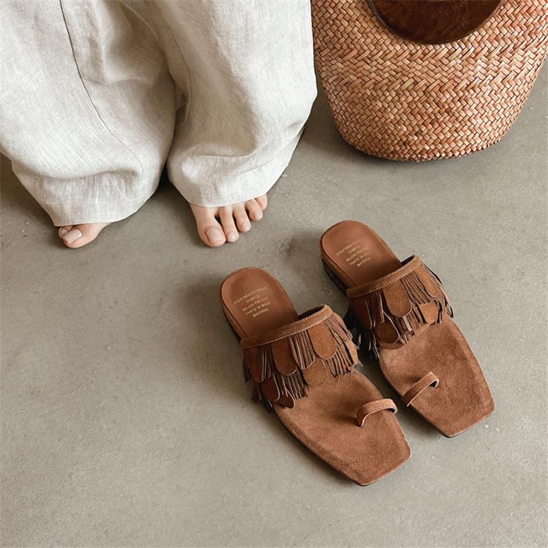 Fashion New Summer Slippers Cow Suede Flip-flops Slippers for Women Fashion Tassels Square Toe Ladies Shoes Low Heels Slippers Sandals