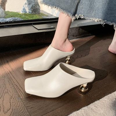 Square Toe Elegant Women Slippers Fad Mid Heels Leather Sandals Mule Shoes 2026 New Trend Spring Designer Dress Femme Chaussures