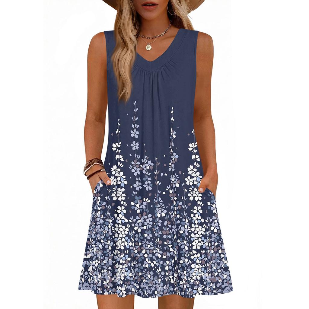 Women's Fashion Printed Summer Sleeveless V-neck Tank Top Pocket Casual Loose Dress