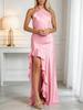 Europe, America 2026 summer high-end satin lace-up neck side split ruffle edge long evening dress dress