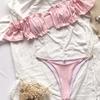 Costume da bagno da donna in pizzo tinta unita manica corta bikini sexy catena perizoma costumi da bagno brasiliani da spiaggia