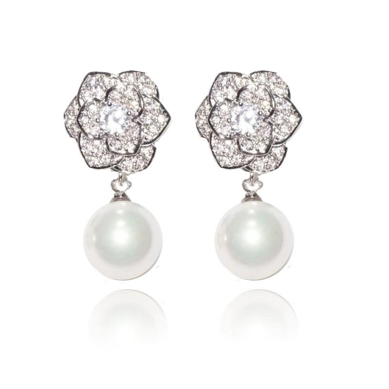 Rose Imitation Pearl Earrings For Women, Camellia Lady Princess Jewelry, Fashionable And Elegant