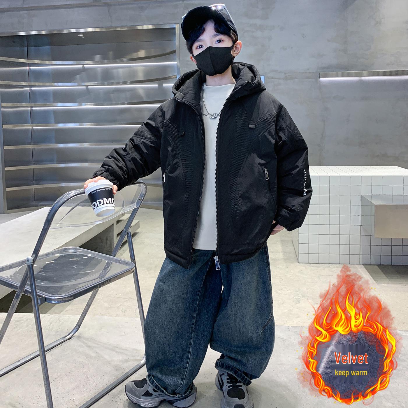 

2025 Мальчиковая парка с капюшоном и флисовой подкладкой - Толстая ветровка для осени/зимы 120 cm чёрный