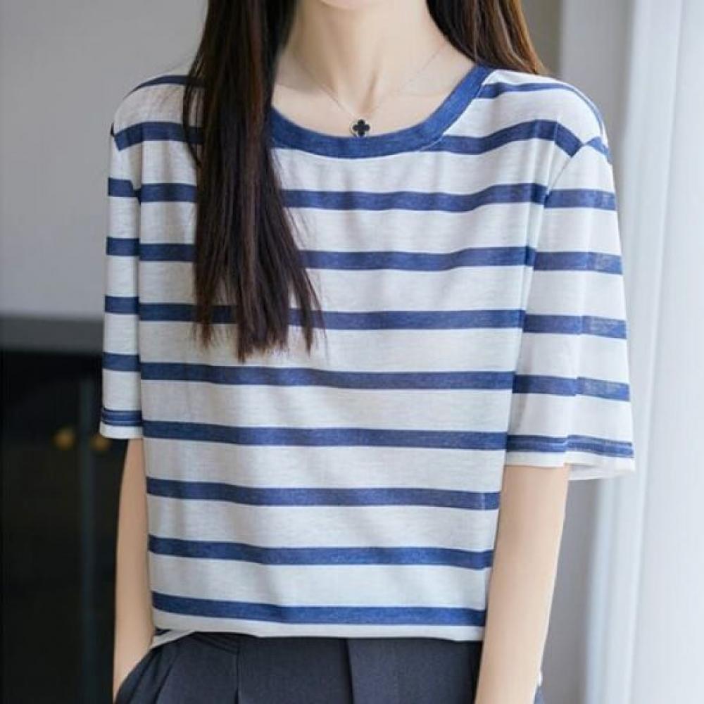 Navava Women Striped Round Neck Short Sleeve Knit Top Nk3059
