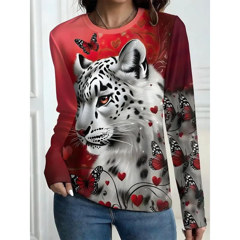 Modisches Damen Rundhals Langarm 3D Lässiges Farbdruck Lässiges Langarm Rundhals T-Shirt