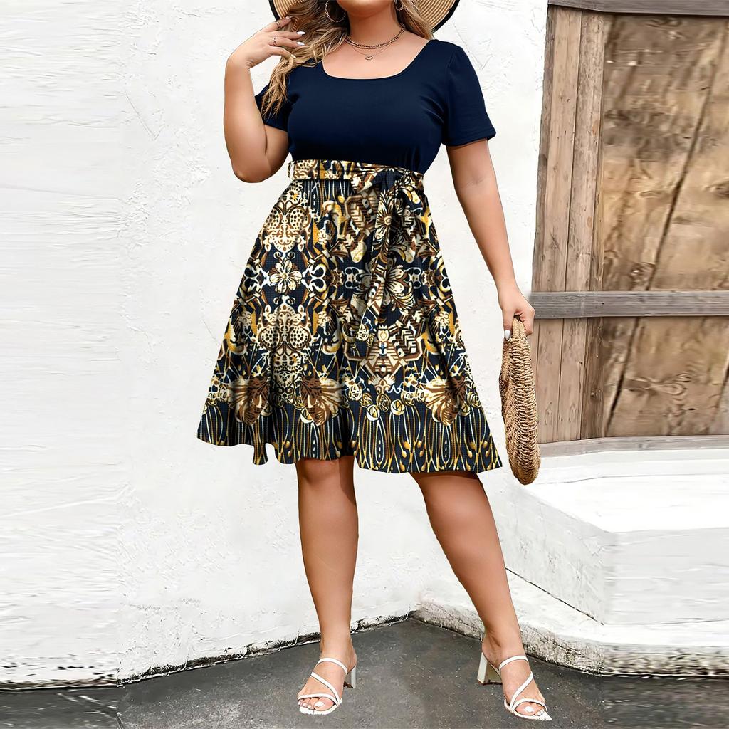 Damska Modna i Trendy Sukienka z Krótkim Rękawem i Okrągłym Dekoltem z Nadrukiem w Talii w Dużym Rozmiarze